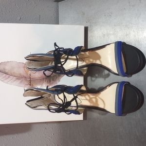 Women's shoe high heel zip up in the back sandal blue violet combo Rio nubuck